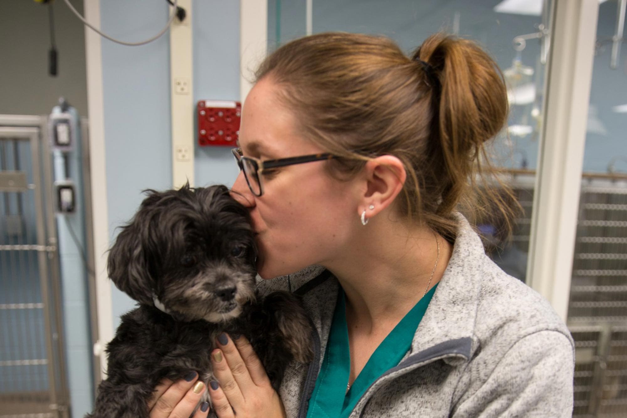staff member kissing small puppy on head