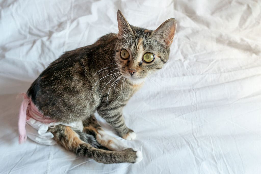 disabled cat with big green eyes in a disposable diaper is lying on a white sheet on the bed